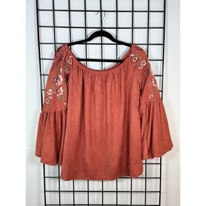 Umgee Embroidered Floral Off the Shoulder Suede Top Womens M Rust Festival‎ Boho